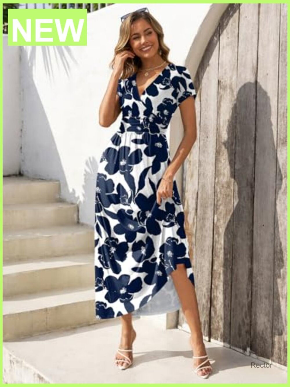 Women's Summer Short Sleeve Maxi Dress V Neck Flowy Sundress with Pockets - Picture 4 of 7